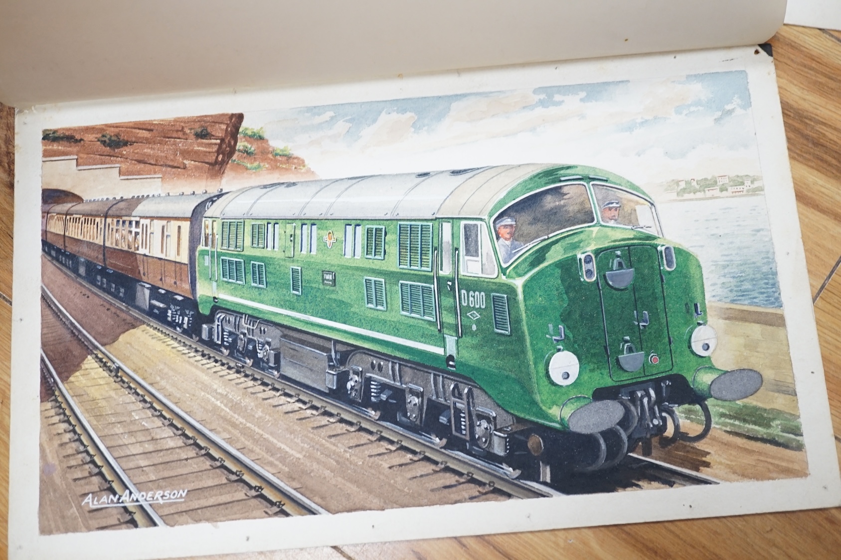 Alan Anderson, set of four original watercolours for postcard designs, Locomotives comprising ‘Royal Scot, LMS Railway’, ‘BR Class 31 No. 5505’, ‘Class D600 Active’ and ‘Western Region Diesel, British Railways’, each sig